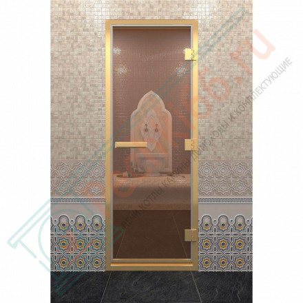 Стеклянная дверь для хамама в золотом профиле, бронза 190х70 (по коробке) (DoorWood)