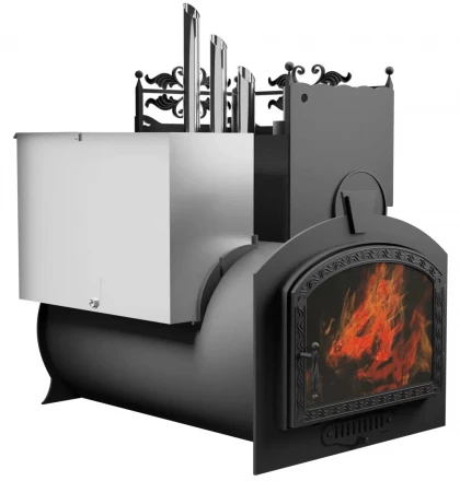 Печь для бани Горыныч 3, большая дверь со стеклом, закрытая каменка с парогенератором (ТермоСфера)